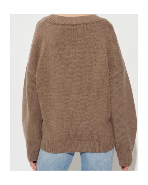 ROTATE BIRGER CHRISTENSEN Brown V-Neck Logo Knitted Sweater