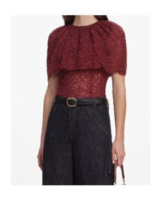 Self-Portrait Red Ruffled Lace-Overlay Top