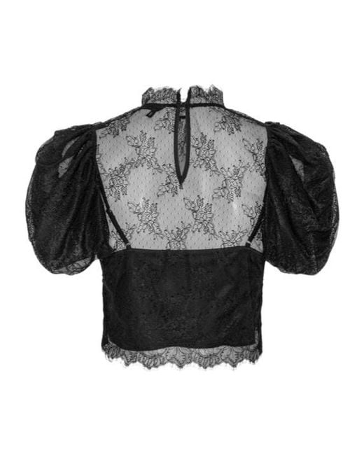 ROTATE BIRGER CHRISTENSEN Black Cropped Puff-Sleeved Lace Blouse