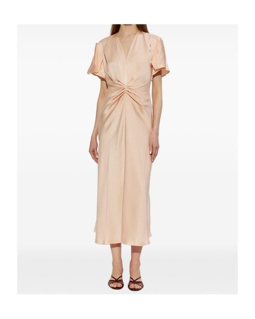 Victoria Beckham Natural Gathered V-Neck Long Dress