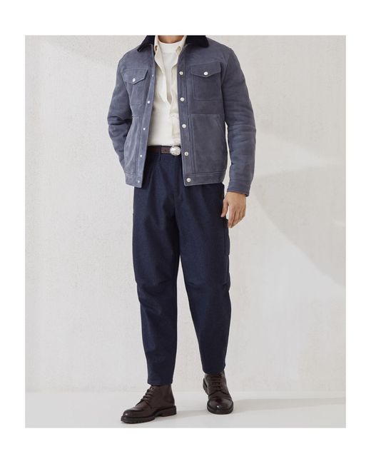 Brunello Cucinelli Blue Shearling-Collar Flap-Pocket Jacket for men
