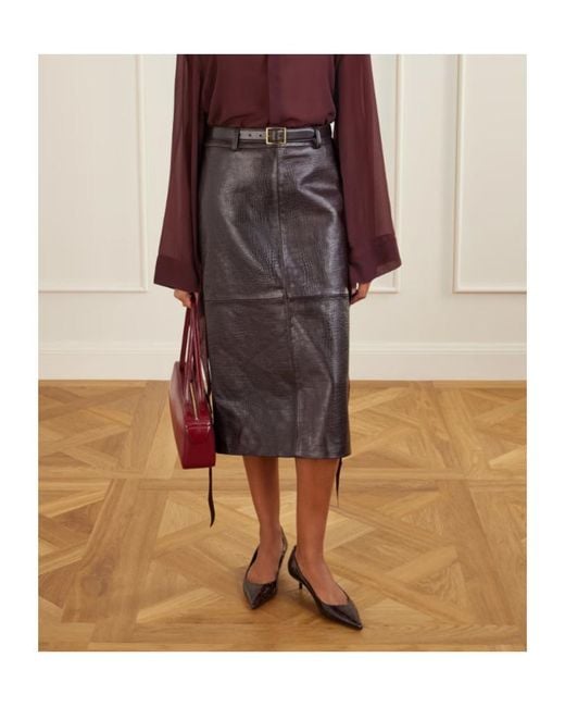 Frankie Shop Brown Taney Paneled Croc-Effect Leather Midi Skirt