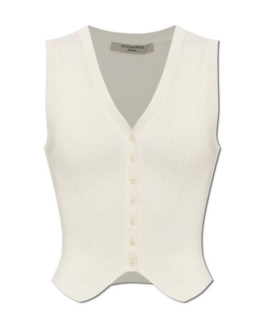 AllSaints White Cruza Ribbed Button Knitted Top