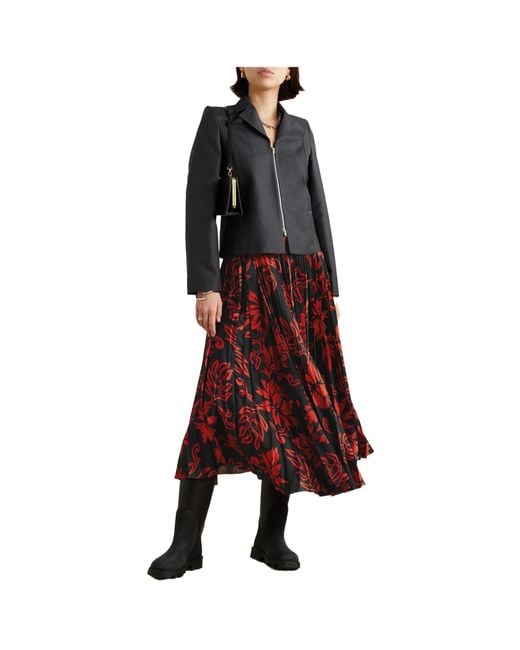 Sacai Red Pleated Floral-Print Satin Midi Skirt