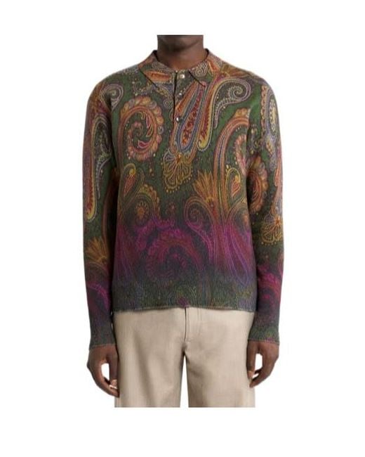 Etro Brown Long-Sleeved Wool Polo Shirt With Degradé Paisley Motif for men