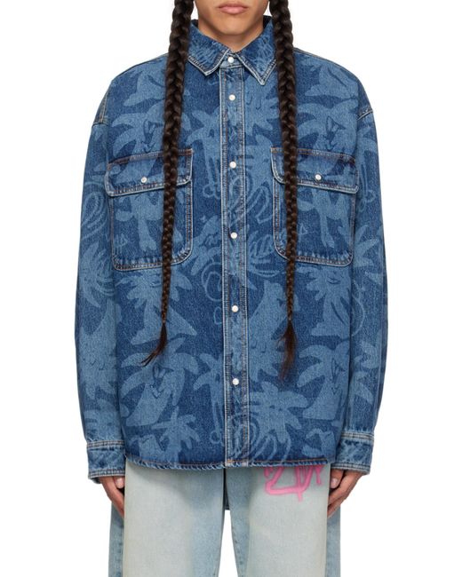 Palm Angels Blue Palmity Overshirt In Denim With Laser Print All-over for men