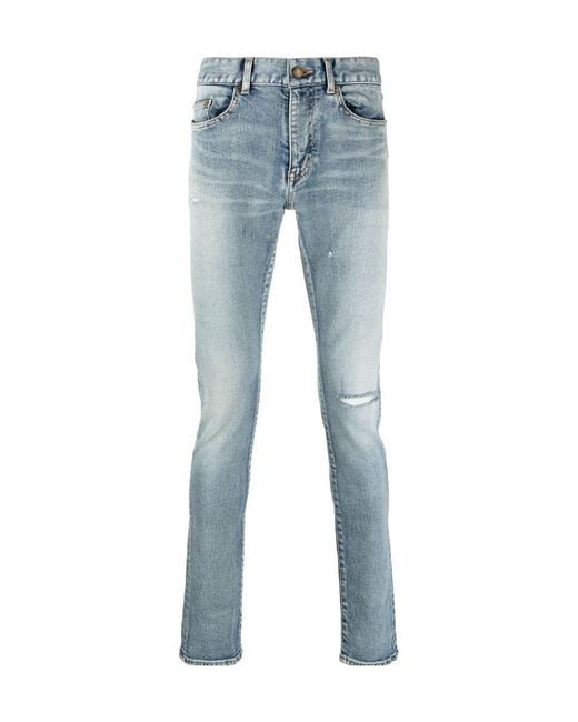 Saint Laurent Blue Distressed Skinny-Fit Denim Trousers With Belt Loops for men