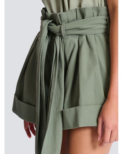 Balmain Gray Pleated Belted High-Waist Shorts