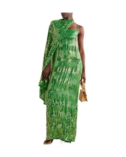 Johanna Ortiz Green Tejido Convertible Embellished Silk Crepe De Chine Maxi Dress