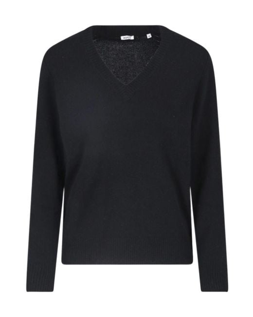 Aspesi Black Ribbed V-Neck Knit Top