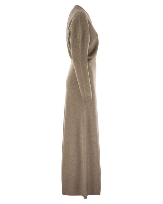 Brunello Cucinelli Natural V-Neck Knitted Maxi Dress