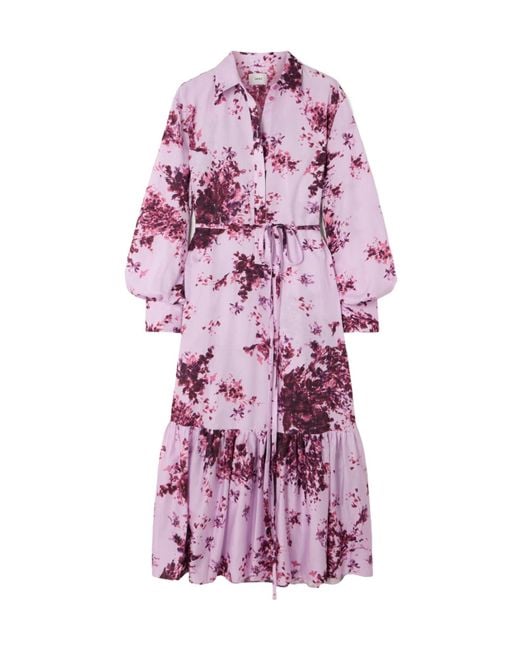 Erdem Purple Belted Tiered Floral-Print Cotton Midi Dress