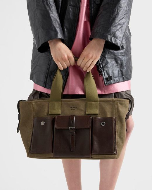 Prada Black Route Large Canvas And Leather Tote Bag