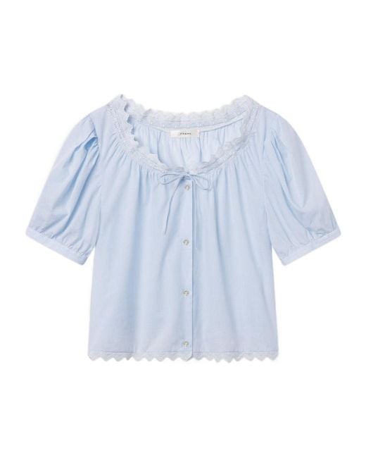 FRAME Blue Serene Lace-Trim Striped-Pattern Blouse