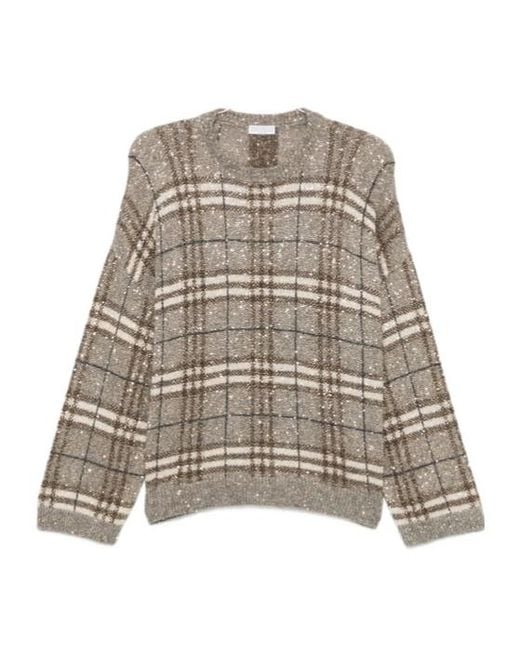 Brunello Cucinelli Natural Sequin-Embellished Checked Sweater