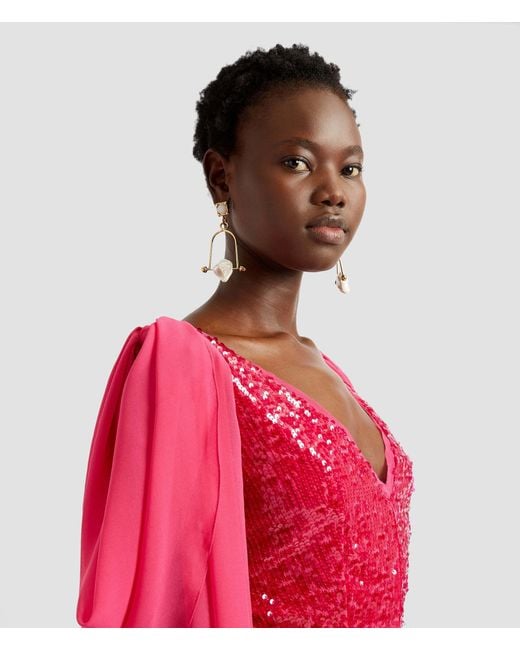 Erdem Red Drape-Shoulder Sequinned Midi Dress