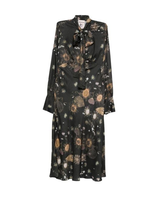 Semicouture Black Tie-Detail Floral-Print Midi Dress