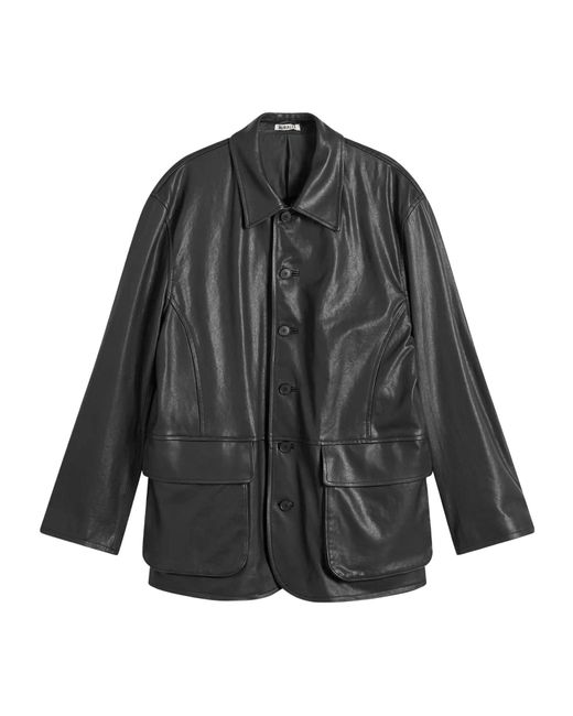 Auralee Gray Buttoned Leather Jacket for men