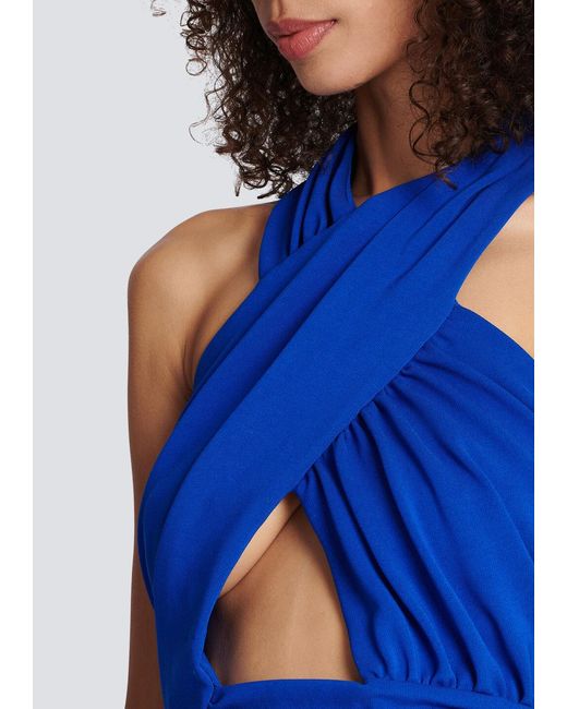 Balmain Blue Ruched Halter Neck Crossover Top