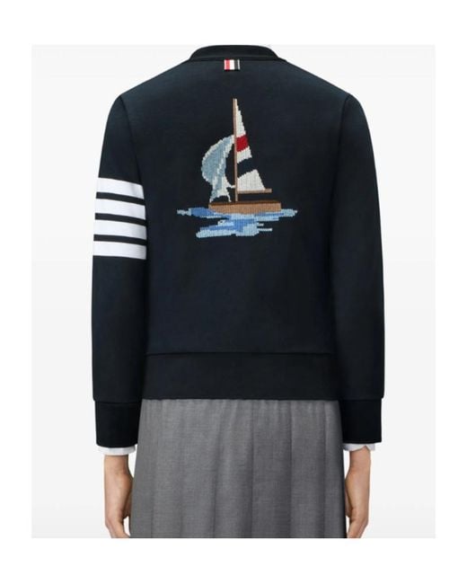 Thom Browne Blue Intarsia Sleeve-Stripe Cardigan for men