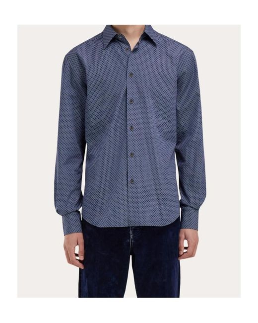 Ferragamo Blue Ferragamo Monogram-Pattern Button-Up Shirt for men