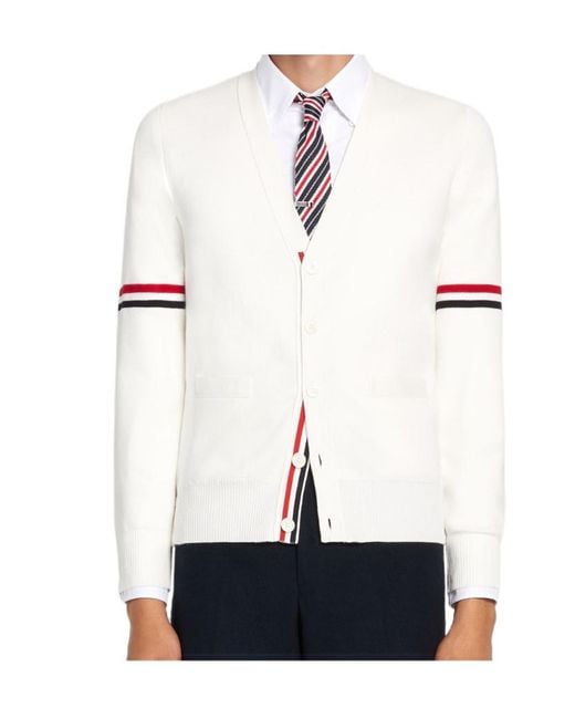 Thom Browne White Tricolour 4-Bar V-Neck Cardigan for men