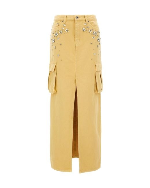 Self-Portrait Yellow Embellished Denim Cargo Maxi Skirt
