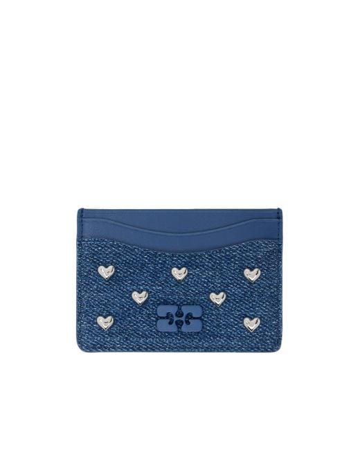 Ganni Blue Bou Heart-Stud Denim Cardholder