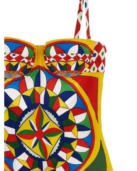 Dolce & Gabbana Red Carretto-Printed Balconette One-Piece Swimsuit