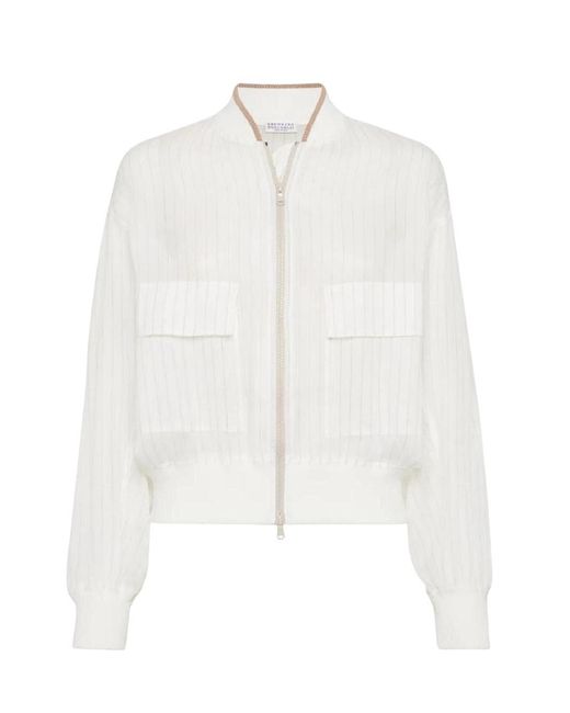 Brunello Cucinelli White Striped Bomber Jacket
