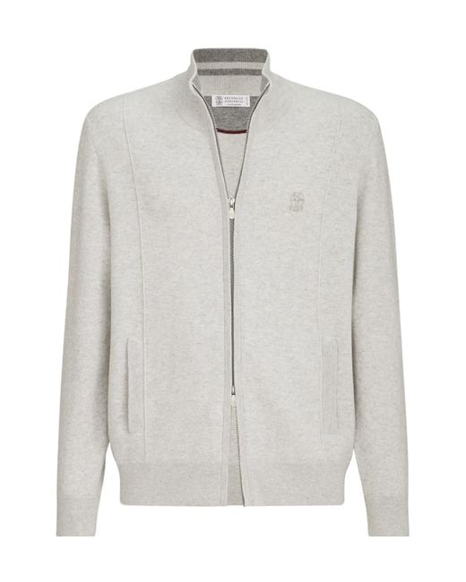 Brunello Cucinelli White Cashmere Double Knit Cardigan With Zipper And Logo for men