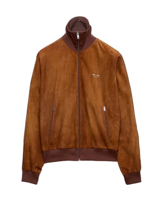 Prada Brown Logo Detailed Zip-Up Jacket for men