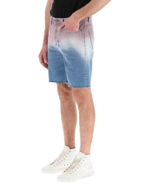 Saint Laurent Blue Gradient Raw Edge Denim Shorts for men