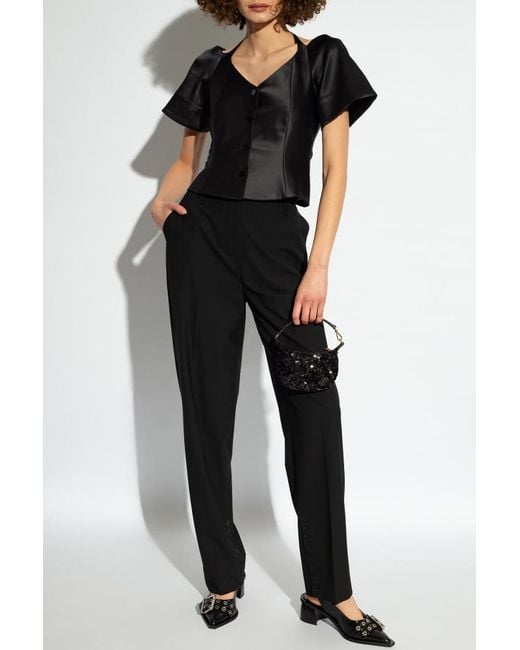 Ganni Black Halterneck Cropped Satin Blouse