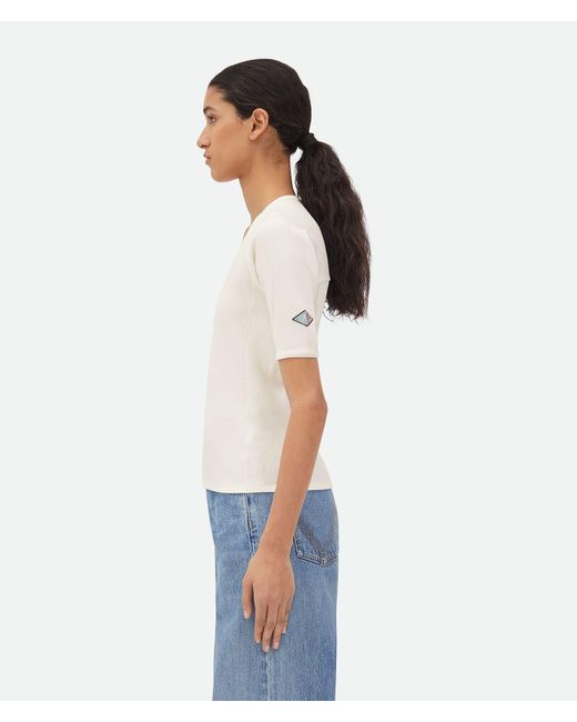 Bottega Veneta White Logo Embroidered Ribbed T-Shirt