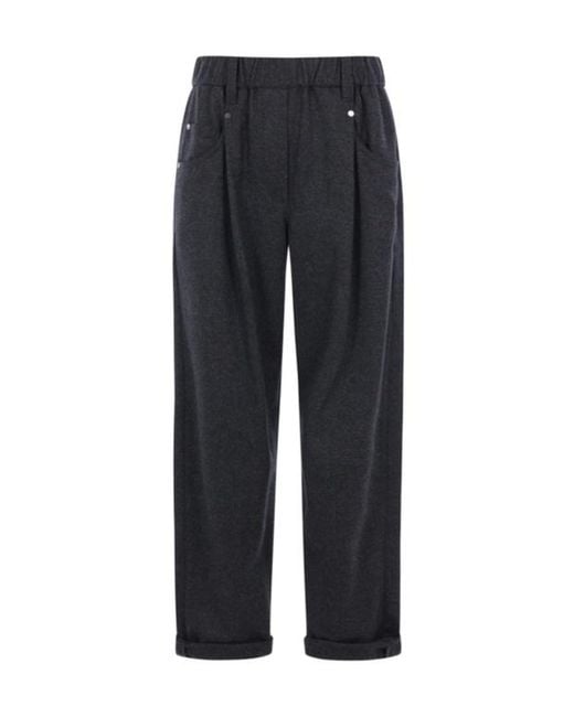 Brunello Cucinelli Blue Elastic Waistband Straight-Leg Trousers