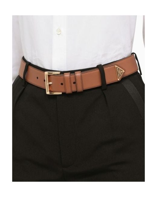 Prada Brown Logo Plaque Square-Buckle Belt
