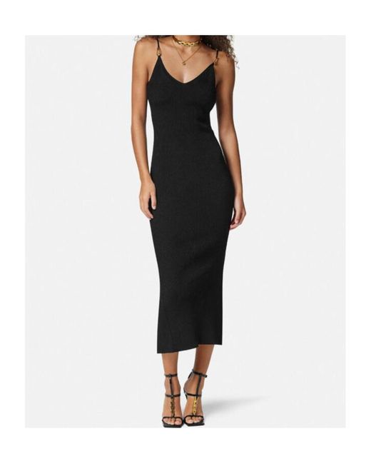 Versace Black Safety Pin Suspender Ribbed Midi Dress