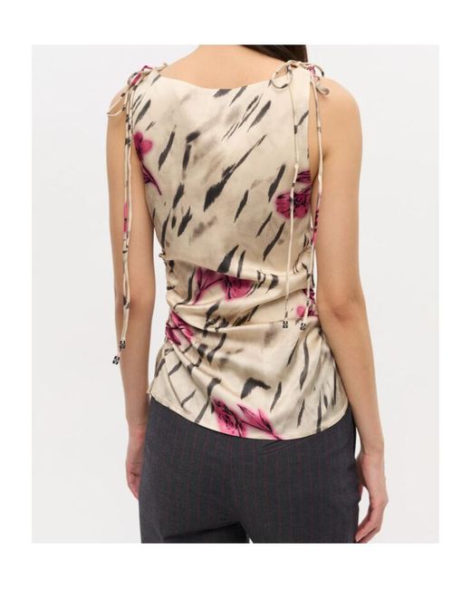 Ganni White Graphic Printed Stretch Satin Gathered Top