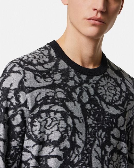 Versace Gray Baroque Motif Crewneck Knitted Jumper for men