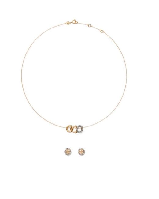 Tory Burch White Crystal-Embellished Logo-Detail Necklace And Earrings Set