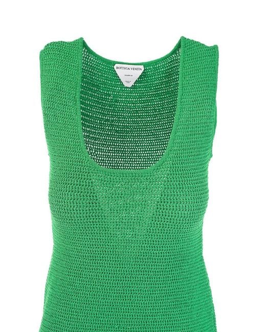 Bottega Veneta Green Open-Knit Fringed-Hem Dress