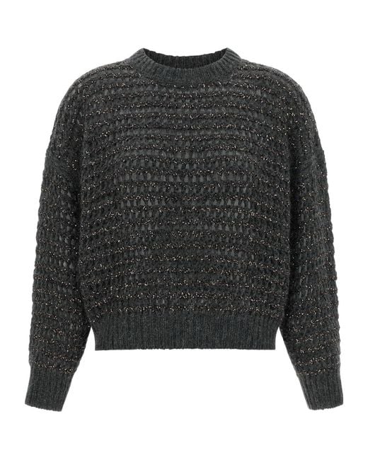 Brunello Cucinelli Gray Sequin-Embellished Open-Mesh Sweater