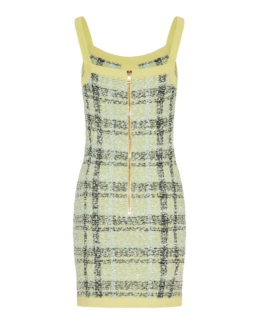 Balmain Green Check Patterned Tweed Mini Dress