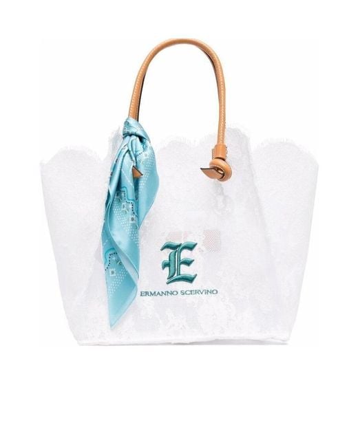 Ermanno Scervino Blue Floral-Lace Logo Tote Bag