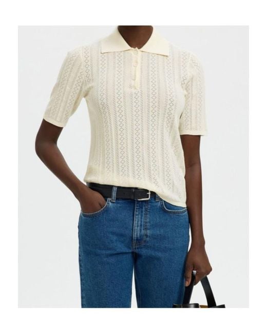 SELECTED White Cotton Knitted Polo Shirt