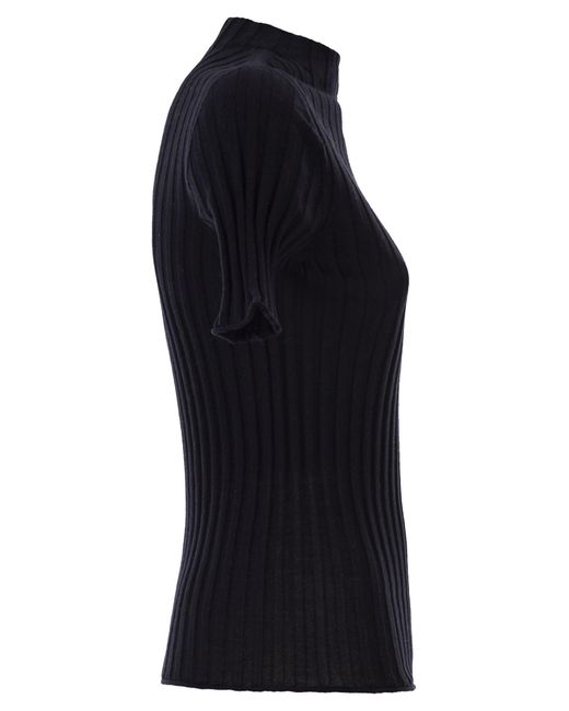 Peserico Black Short-Sleeve Ribbed Turtleneck Sweater
