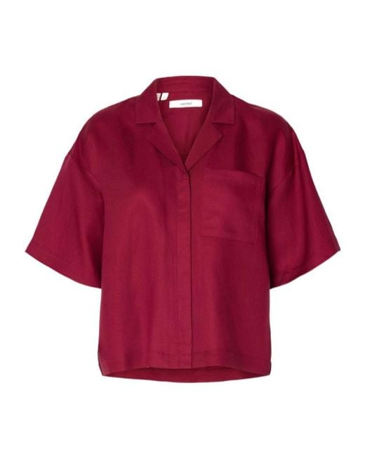 SELECTED Red Short Sleeved Linen-Blend Shirt