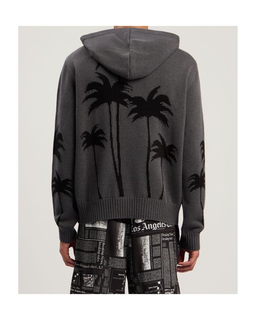 Palm Angels Gray Palm-Print Hooded Jumper for men