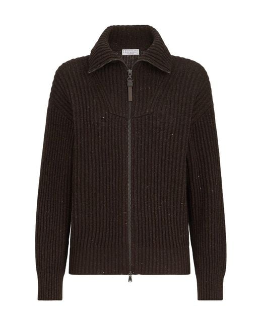 Brunello Cucinelli Black Sparkling Dazzling Cashmere And Wool Ribbed Cardigan With Shiny Zipper Pull